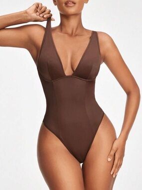 Sleek Plunge Shaping Bodysuit in Chocolate Brown
